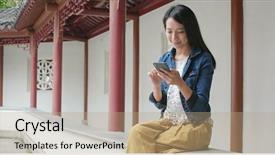  Presentation with sms - Theme with temple architects - woman sending sms on cellphone background and a  colored foreground