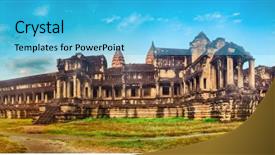  Presentation with colorful sunrise borobudur temple - Slide set featuring temple at sunrise siem reap background and a light blue colored foreground