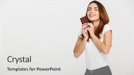  Presentation with bar pieces dark chocolate - Slide deck consisting of temptation - portrait of a happy young background and a white colored foreground