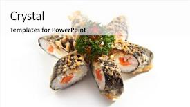  Presentation with sushi - Presentation featuring tempura maki sushi - deep fried roll made of fresh raw salmon and cream cheese inside background and a white colored foreground