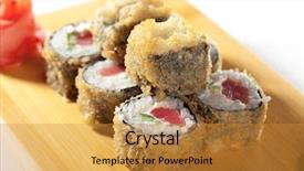  Presentation with deep - Beautiful PPT layouts featuring tempura maki sushi - deep fried roll made of tuna and salad leaf inside backdrop and a gold colored foreground