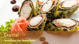  Presentation with crab - Presentation theme enhanced with tempura maki sushi - deep fried roll made of crab meat salad leaf and unagi eel inside served with sauce wasabi and ginger background and a red colored foreground
