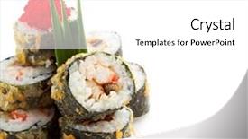  Presentation with caviar - Colorful PPT theme enhanced with tempura maki sushi - deep fried roll made of smoked eel crab meat and cream cheese inside served with lettuce and tobiko caviar backdrop and a white colored foreground