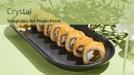  Presentation with salmon dish - Presentation design featuring tempura-salmon-and-avocado-roll background and a mint green colored foreground
