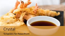  Presentation with asian food - Beautiful PPT theme featuring tempura shrimps with soy sauce backdrop and a gold colored foreground