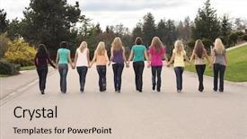  Presentation with walking together - Presentation design featuring ten beautiful girls walking together background and a soft green colored foreground
