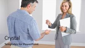  Presentation with realtor - PPT theme with tenant - pleased blonde realtor holding background and a light blue colored foreground