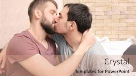  Presentation with gay - Colorful slide set enhanced with tender kissing gay couple sitting on sofa at home backdrop and a coral colored foreground
