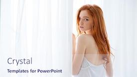  Presentation with long hair - Theme having tender pretty young woman with long red hair standing near the window background and a sky blue colored foreground