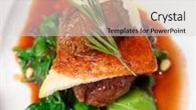  Presentation with tenderloin - Audience pleasing theme consisting of tenderloin steak with beef terrine and spinach in plate backdrop and a light gray colored foreground