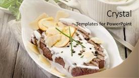  Presentation with tenderloin - PPT theme having tenderloin with cream sauce ovum background and a soft green colored foreground