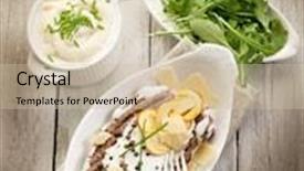  Presentation with tenderloin - Beautiful presentation featuring tenderloin with cream sauce ovum mushroom and arugula salad backdrop and a soft green colored foreground