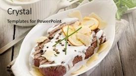  Presentation with tenderloin - Presentation having tenderloin with cream sauce ovum background and a soft green colored foreground