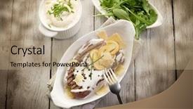  Presentation with tenderloin - PPT theme featuring tenderloin with cream sauce ovum background and a  colored foreground