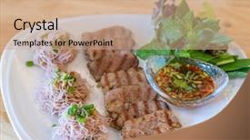  Presentation with tenderloin - Presentation design featuring tenderloin with noodle and organic background and a  colored foreground