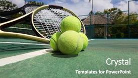  Presentation with court - Beautiful PPT theme featuring tenis - tennis balls and racquets backdrop and a ocean colored foreground