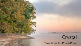  Presentation with foggy water sunrise - Amazing PPT theme having tennesse river at natchez trace backdrop and a coral colored foreground