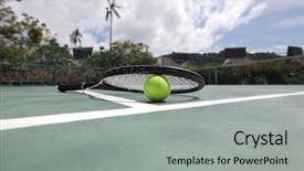  Presentation with court - Presentation theme featuring tennis ball and racket background and a light gray colored foreground