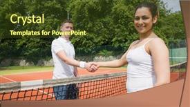 Presentation with all hands - PPT theme having tennis opponents shaking hands before match on a sunny day background and a tawny brown colored foreground