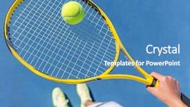  Presentation with tennis shoes - Audience pleasing slide deck consisting of tennis player holding yellow ball backdrop and a teal colored foreground