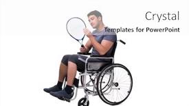  Presentation with injury - Amazing PPT theme having tennis player recovering from injury on wheelchair backdrop and a white colored foreground