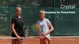  Presentation with tennis - PPT theme with tennis-players-standing-together background and a tawny brown colored foreground