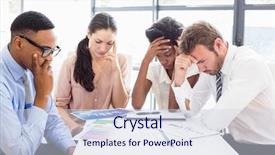  Presentation with meeting table - PPT theme enhanced with tense - depressed businesspeople sitting at table background and a sky blue colored foreground