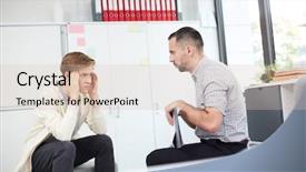  Presentation with assistive listening device - Presentation enhanced with tense teenager looking at counselor background and a soft green colored foreground