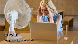  Presentation with woman office desk - Audience pleasing PPT theme consisting of tense woman sitting in desk backdrop and a coral colored foreground