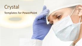  Presentation with surgical gloves - Amazing PPT theme having tensed dentist wearing surgical backdrop and a cream colored foreground