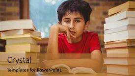  Presentation with tan book stack stacks of books - PPT theme featuring tensed little boy sitting background and a gold colored foreground