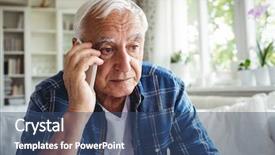  Presentation with mobile home - PPT theme with tensed senior man talking background and a ocean colored foreground