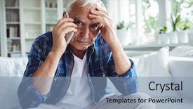  Presentation with mobile home - Amazing PPT layouts having tensed senior man talking on mobile phone at home backdrop and a light blue colored foreground