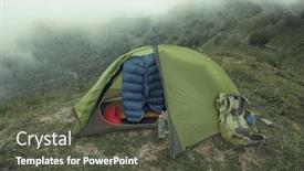  Presentation with basic - Presentation theme featuring tent-with-basic-trekking-gear background and a dark gray colored foreground