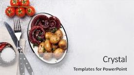  Presentation with octopus - Presentation design with tentacle - grilled octopus with small potatoes background and a white colored foreground