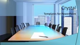  Presentation with board meeting room chairs - Amazing slide deck having tenure - meeting room in front focus backdrop and a light blue colored foreground