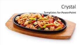  Presentation with seafoods - PPT theme enhanced with teppanyaki - fried seafoods - salmon shrimps background and a white colored foreground