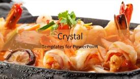  Presentation with shrimp - Slide deck with teppanyaki - fried shrimp with vegetables background and a gold colored foreground