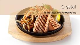  Presentation with salmon grilled fish salmon grilled - Audience pleasing theme consisting of teppanyaki - grilled salmon with vegetable backdrop and a yellow colored foreground