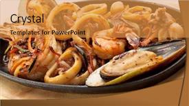  Presentation with seafoods - Presentation design having teppanyaki - grilled seafoods - bbq shrimps background and a gold colored foreground