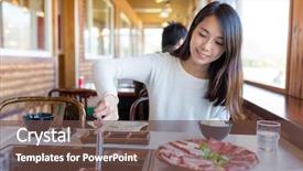  Presentation with beef - Audience pleasing PPT theme consisting of teppanyaki - woman enjoy roasted beef backdrop and a tawny brown colored foreground