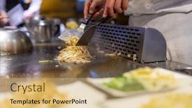 Presentation with hot metal - PPT theme having teppanyaki-chef-preparing-food background and a yellow colored foreground
