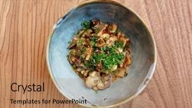  Presentation with mushrooms - Slide deck featuring teppanyaki mushrooms with green leek background and a coral colored foreground