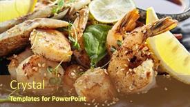  Presentation with shrimp fish - Presentation design enhanced with teppanyaki-style-seafood-grilled-mixed background and a tawny brown colored foreground