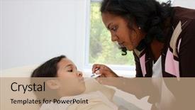  Presentation with sick child - PPT theme consisting of termometer - child laying sick in bed background and a coral colored foreground