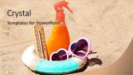  Presentation with footsteps footprints in the sand - Presentation theme featuring termometer - thermometer in sand close-up background and a  colored foreground