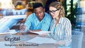  Presentation with financial - Slides consisting of terms at meeting in cafe background and a light blue colored foreground