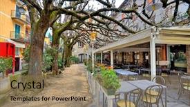  Presentation with chairs - Cool new presentation theme with terrace cafe - outdoor restaurant with tables backdrop and a coral colored foreground
