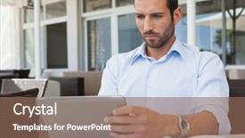  Presentation with tablet - Amazing slide deck having terrace cafe - serious young businessman working backdrop and a  colored foreground