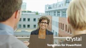  Presentation with office mix of people - Colorful presentation theme enhanced with terrace of office building backdrop and a coral colored foreground